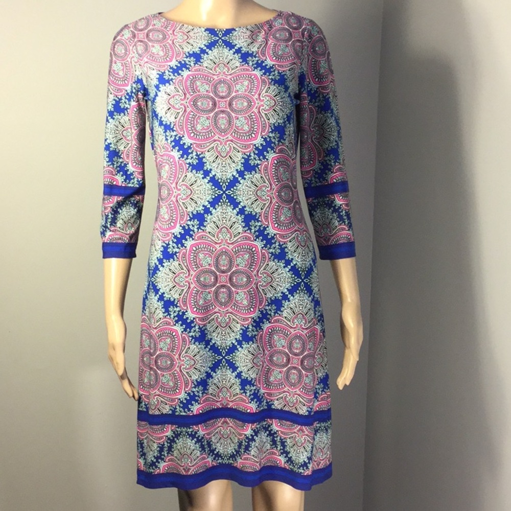 WISP PETITES 3/4-SLV STRETCHY PAISLEY SHIFT DRESS
